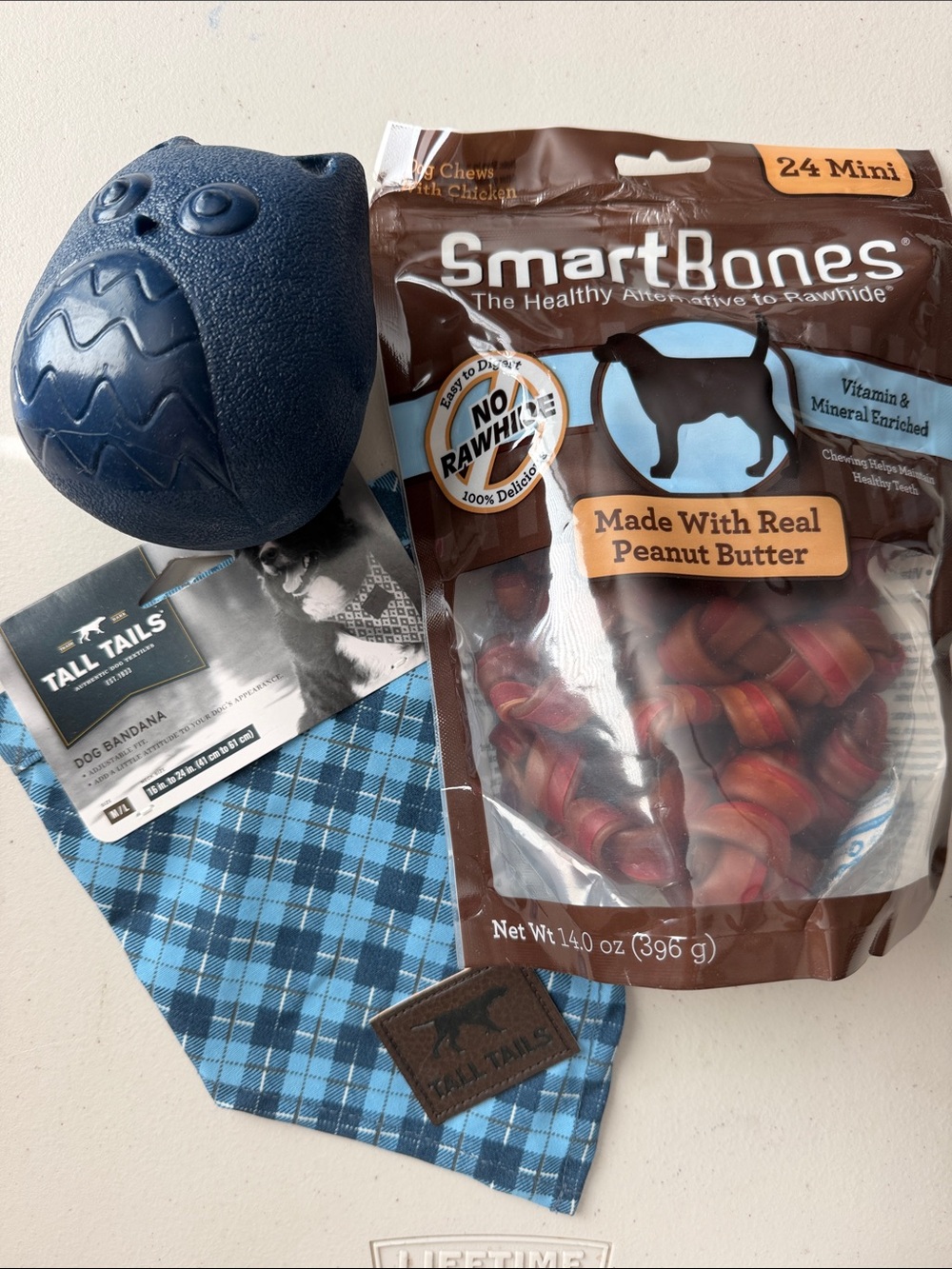 🐶💙🩵TALL TAILS Plaid Bandana & ZIPPY PAWS Rubber Squeak Toy & SMART BONES Chews